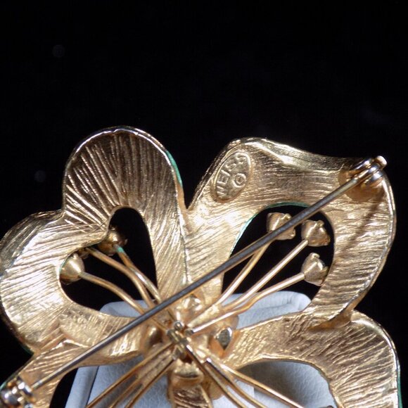 Vintage Weiss Brooch Floral Green Enamel Rhinestone Pearl Gold-tone - Picture 9 of 12